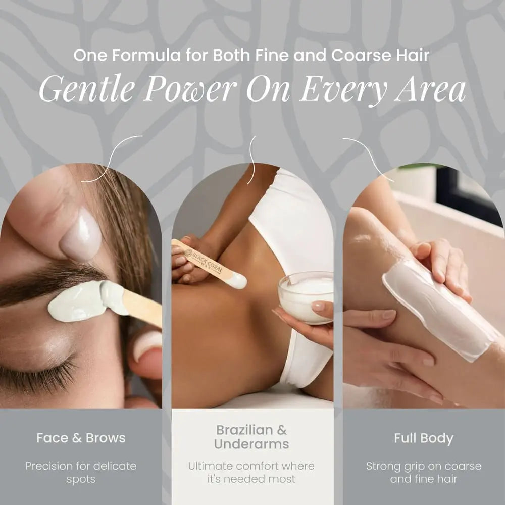 A collage shows White Coral Wax from Black Coral Wax USA applied to eyebrows, underarms, and legs, with text highlighting its gentle, precise use for face, underarms, and body—ideal for sensitive skin and effective on fine or coarse hair.
