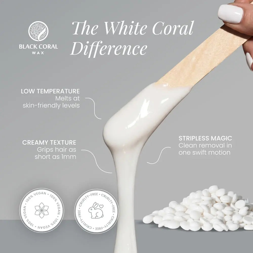 A hand holds Black Coral Wax USA’s White Coral Wax spatula with creamy white hard wax. Text highlights low-temp, creamy, stripless hair removal—ideal for sensitive skin. Vegan, cruelty-free, 100% natural. White beads shown below.
