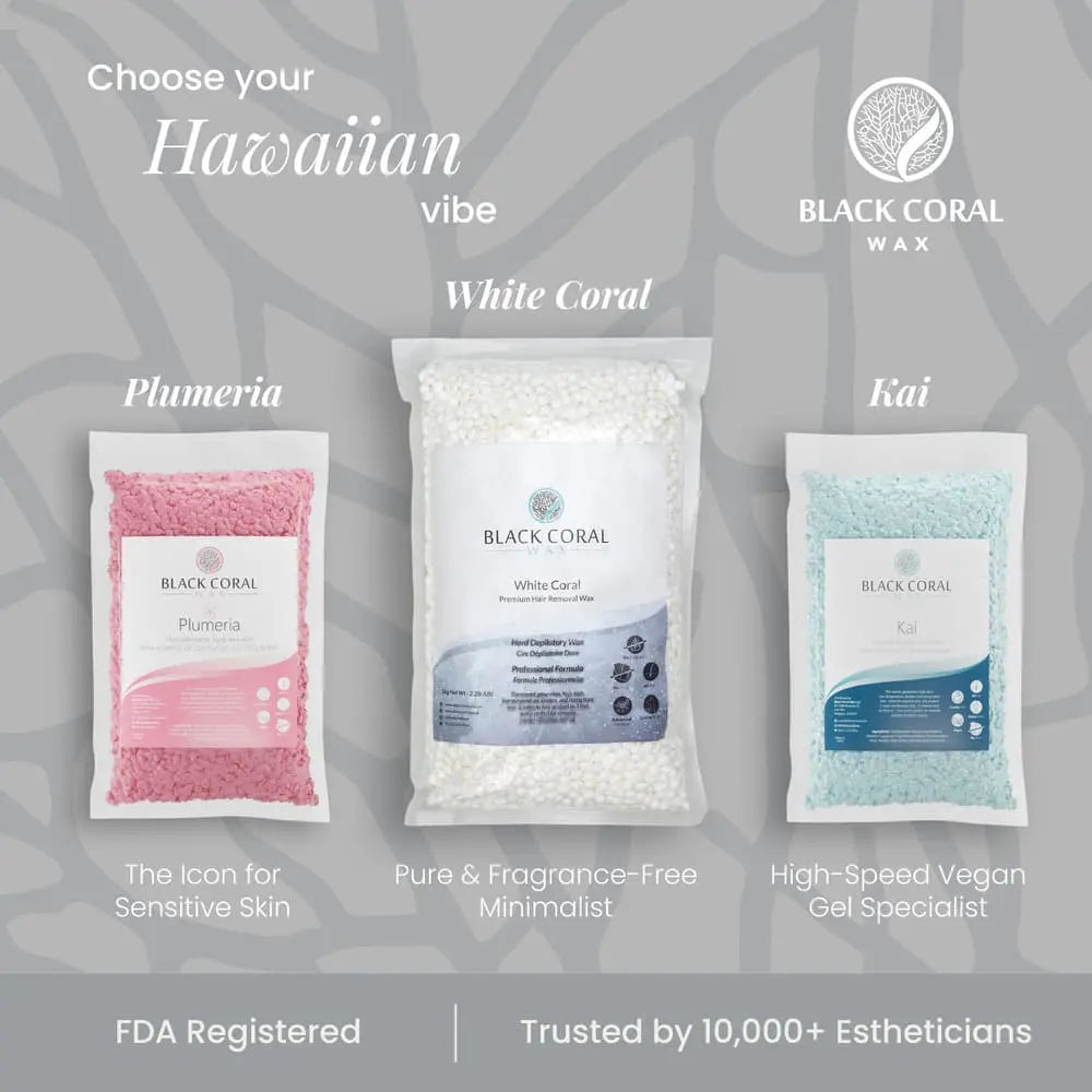 Three bags of Black Coral Wax USA hard wax beads are shown: Plumeria (pink) for sensitive skin, White Coral Wax (white) for fragrance-free hair removal, and Kai (blue) for vegan, high-speed gel waxing. Brand trust is emphasized.