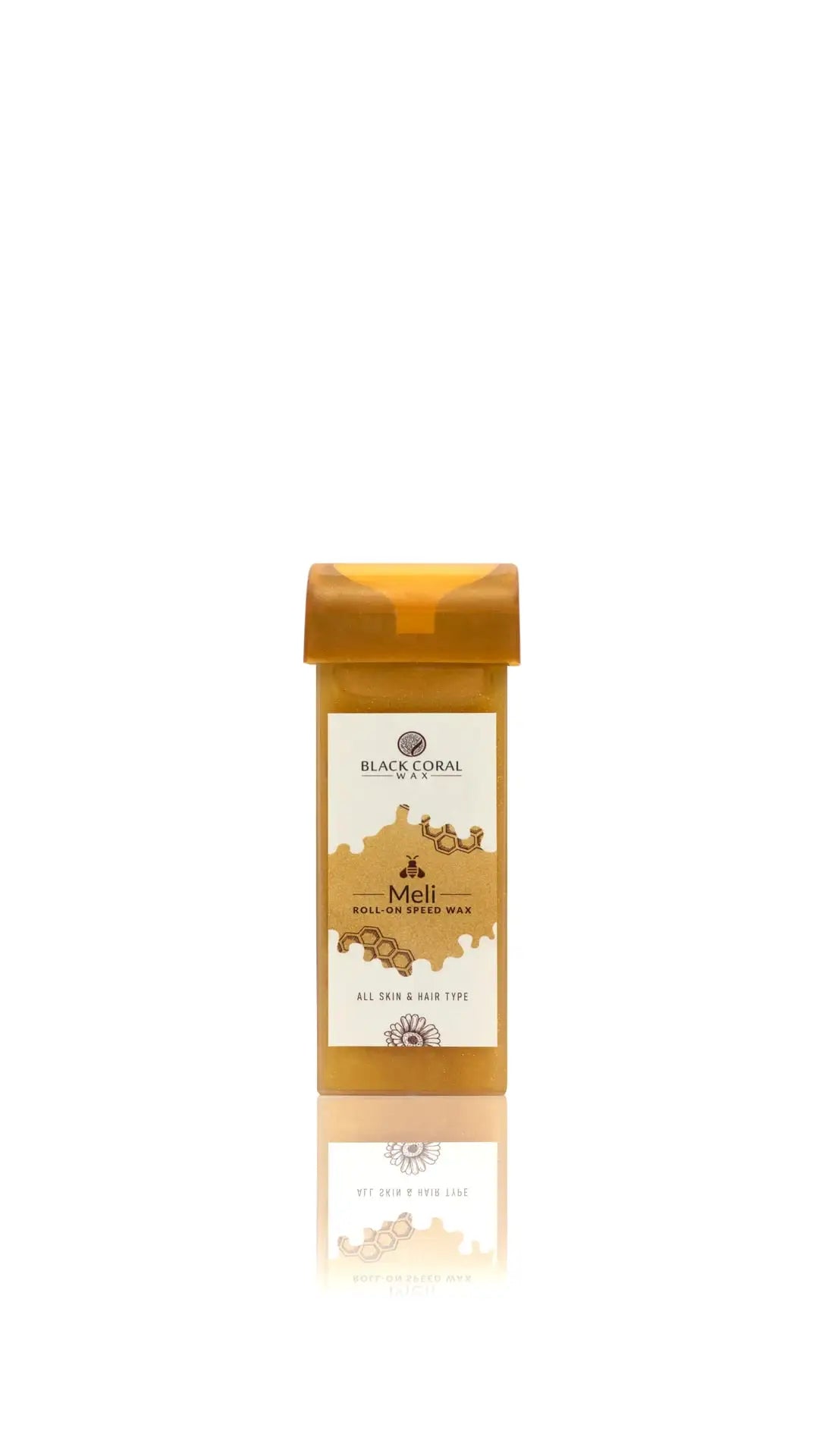 A honey-colored Meli Roll-On SpeedWax cartridge by Black Coral Wax USA, suitable for all skin and hair types and offering gentle waxing, stands upright on a white background with its reflection visible below.