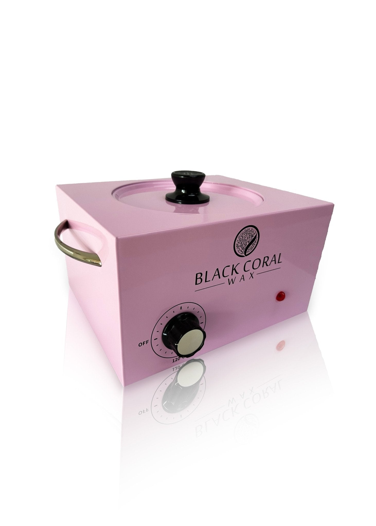 The Black Coral Wax USA 5lb Warmer + FREE Hard Wax features a pink body with a black knob, temperature dial, side handle, clear lid, red indicator light, and the logo on front. Shown on a white background.