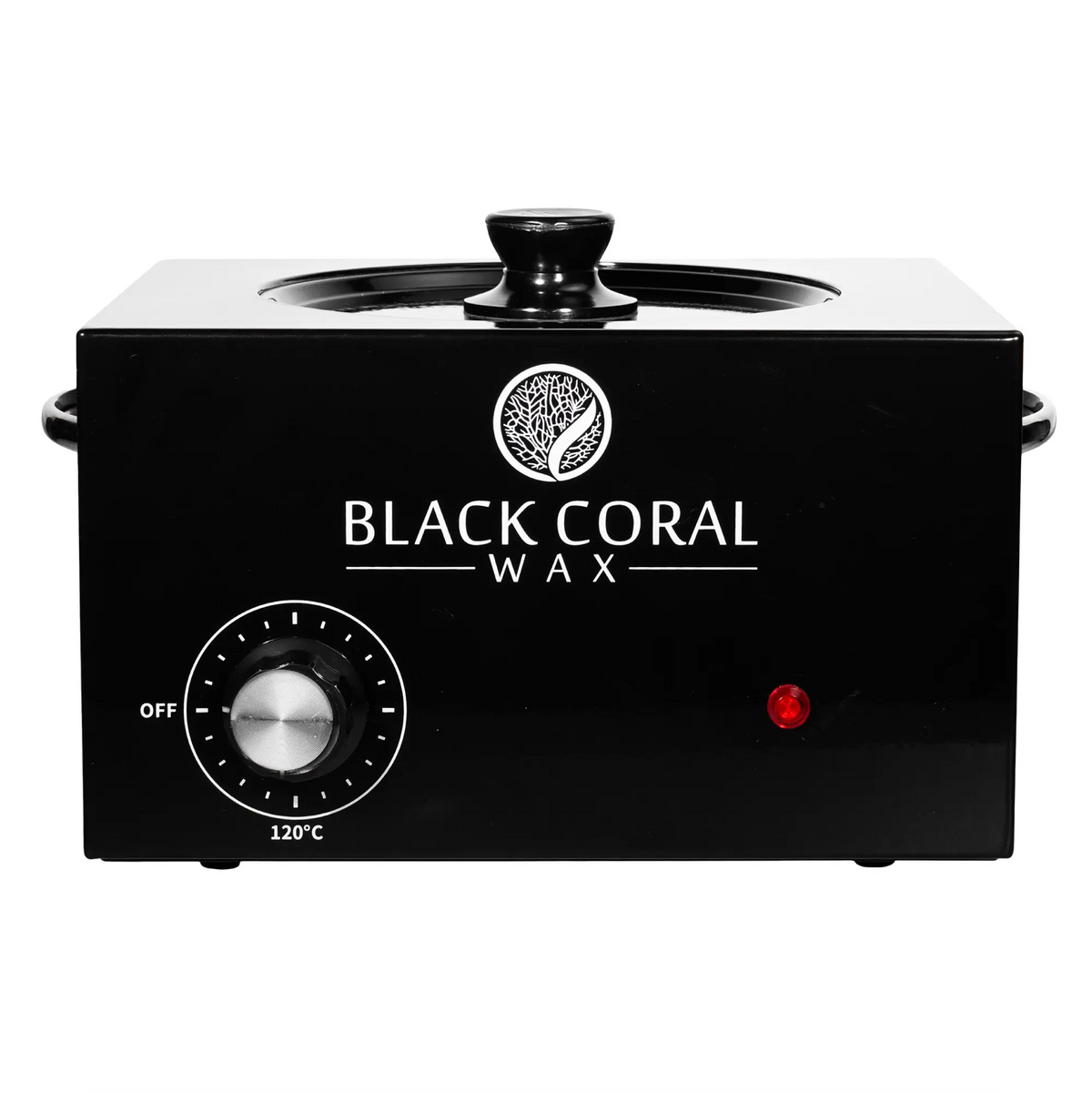 The Black Coral Wax USA 5lb Wax Warmer has a temperature control dial, red indicator light, and round lid—ideal for large-capacity waxing needs.