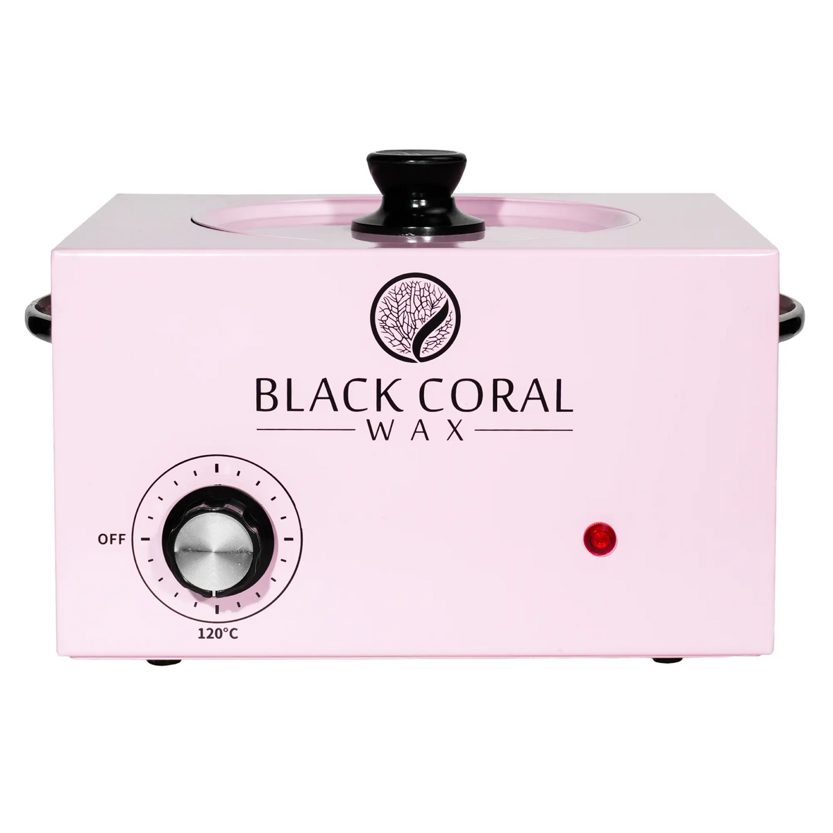 The Black Coral Wax USA 5lb Wax Warmer in pink includes a black temperature control knob, indicator light, and round black-handled lid—perfect for any salon professional wax heater setup.