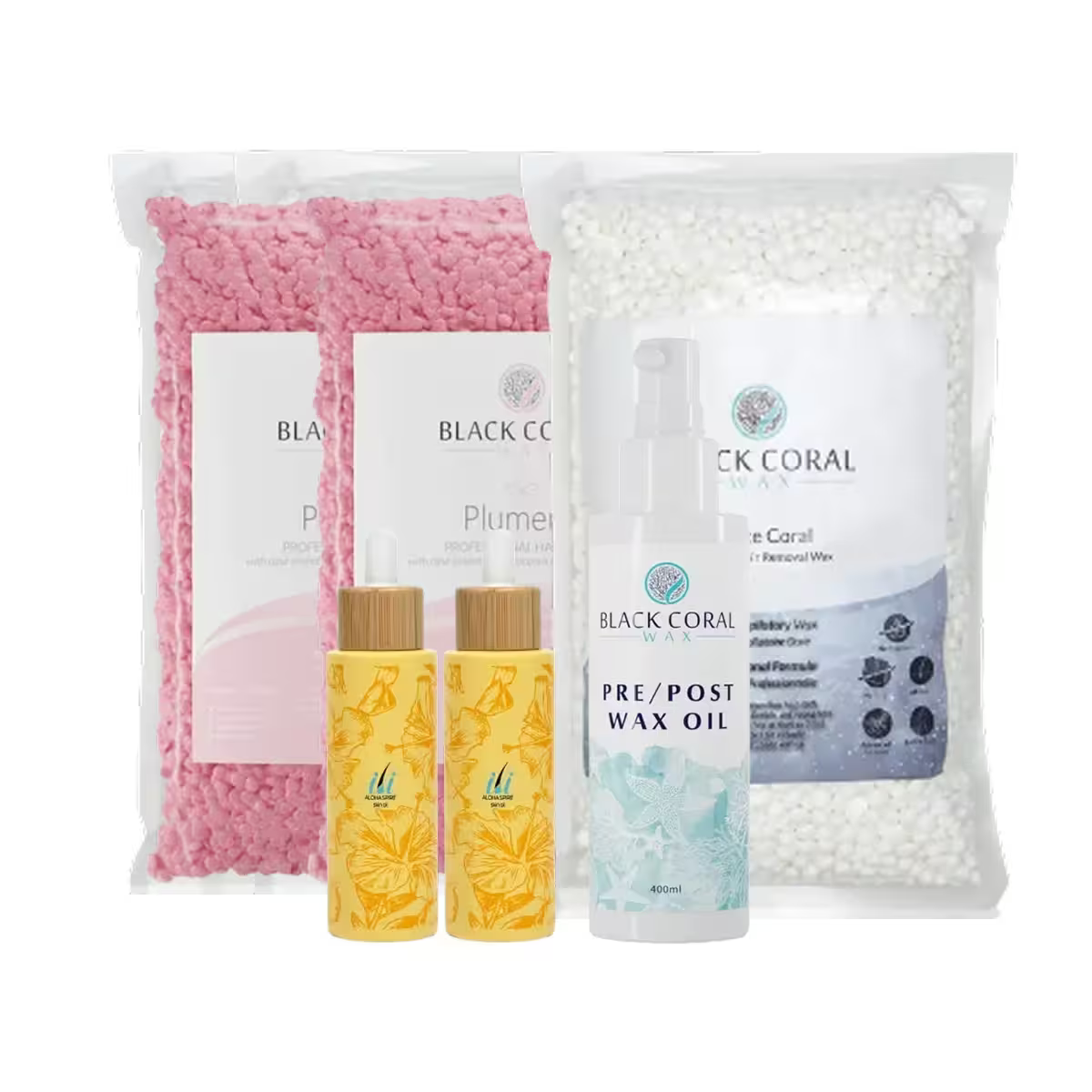 The BCW Brazilian Master Kit by Black Coral Wax USA includes two bags of pink hard wax for sensitive skin, a bag of white wax beads, Pre/Post Wax Oil spray, and two small yellow bottles for complete waxing care at home or salon.
