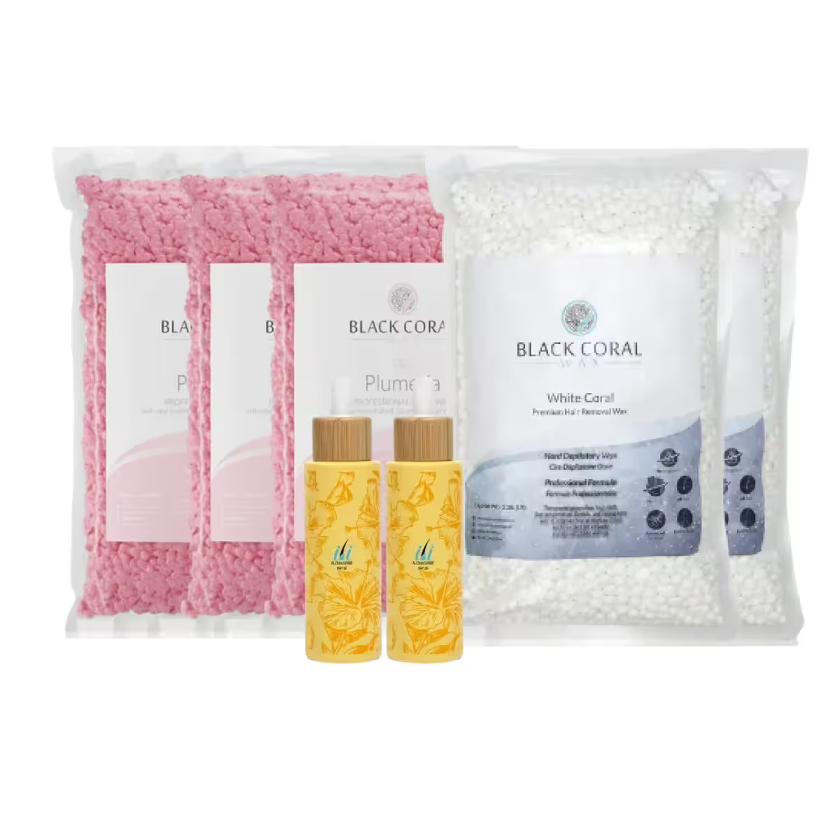 The BCW Bestsellers Refill Bundle by Black Coral Wax USA, featuring white wax beads, pink Plumeria Hard Wax packs, and two floral yellow bottles, is displayed together on a white background.