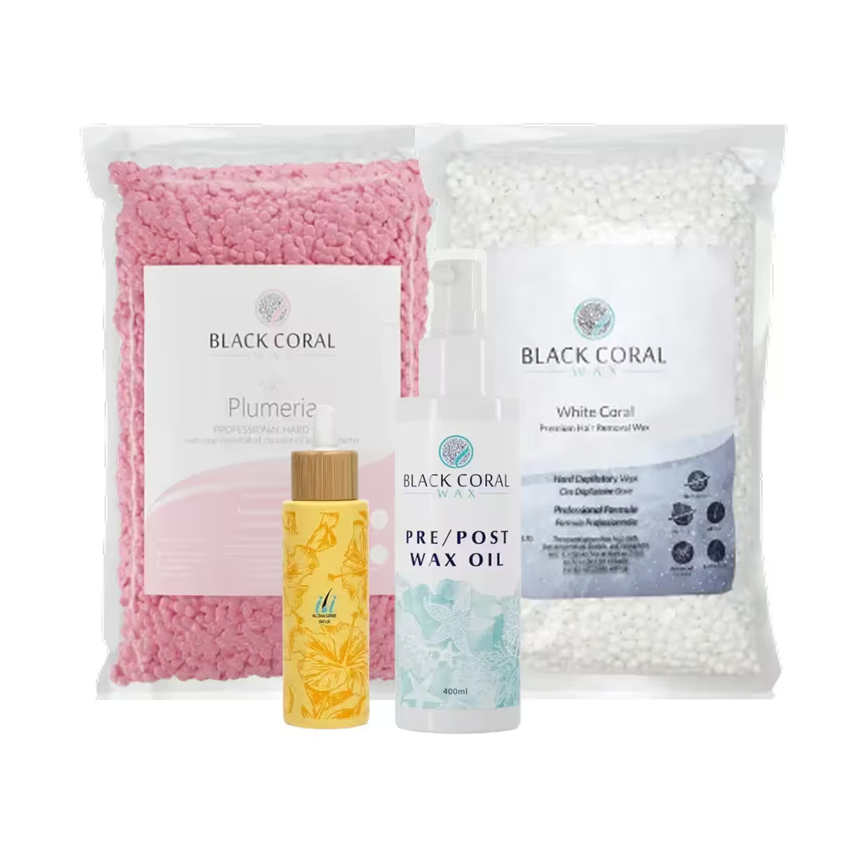 Discover the BCW Starter Kit by Black Coral Wax USA, featuring pink and white hard wax beads, a floral yellow bottle, and Pre/Post Wax Oil for smooth, salon-quality results at home.
