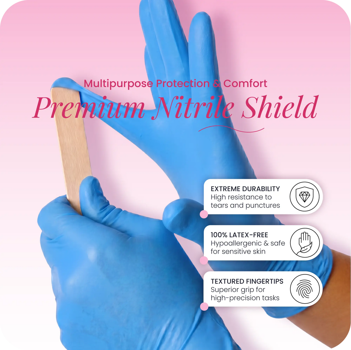 A person wearing Black Coral Wax USA Nitrile Gloves 100pcs—powder-free, latex-free disposable gloves—files their nails with a wooden nail file. Text highlights the gloves’ extreme durability and textured fingertips for enhanced grip, set against a pink gradient background.