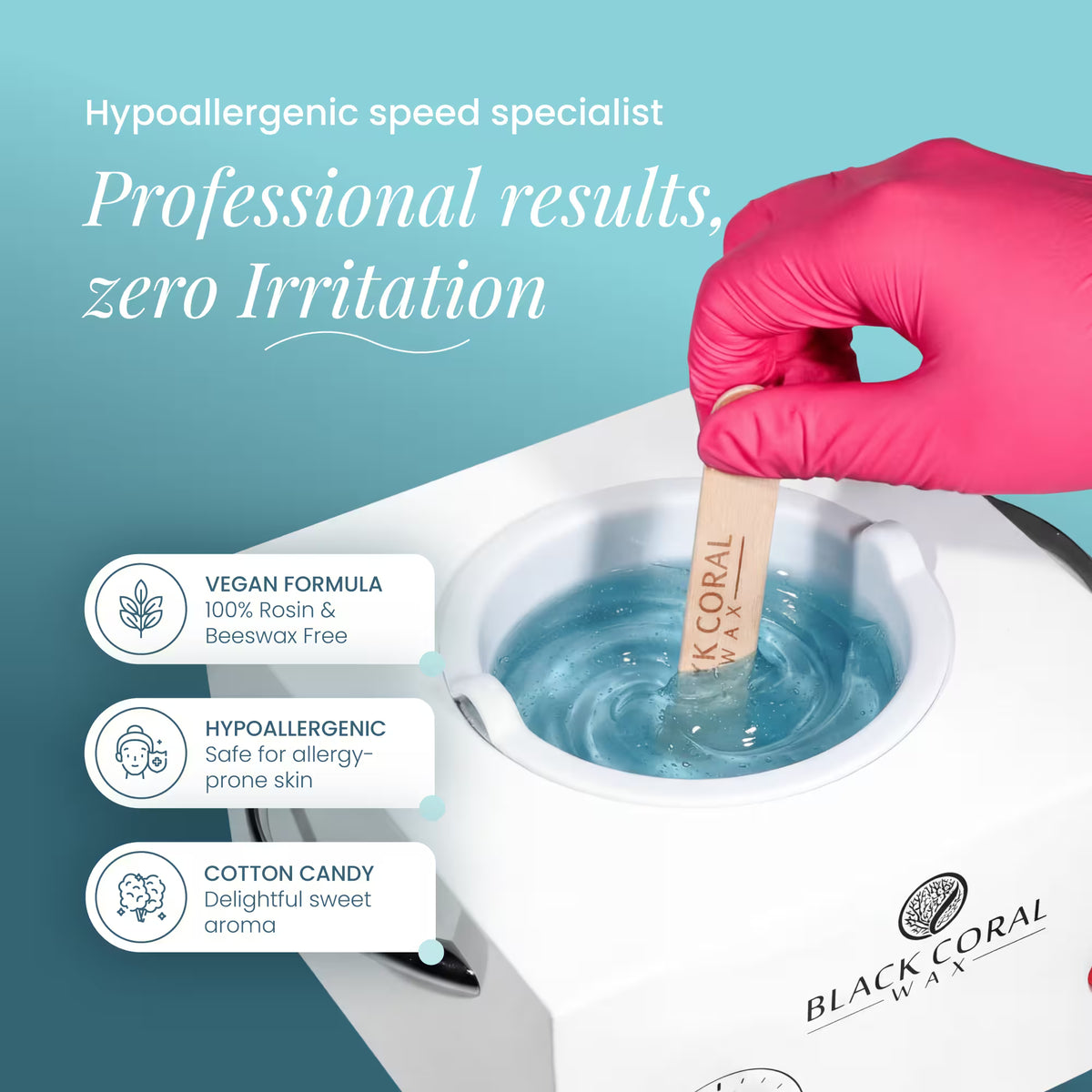 Kai hard wax being applied from warmer – vegan, hypoallergenic, rosin and beeswax free, cotton candy scent