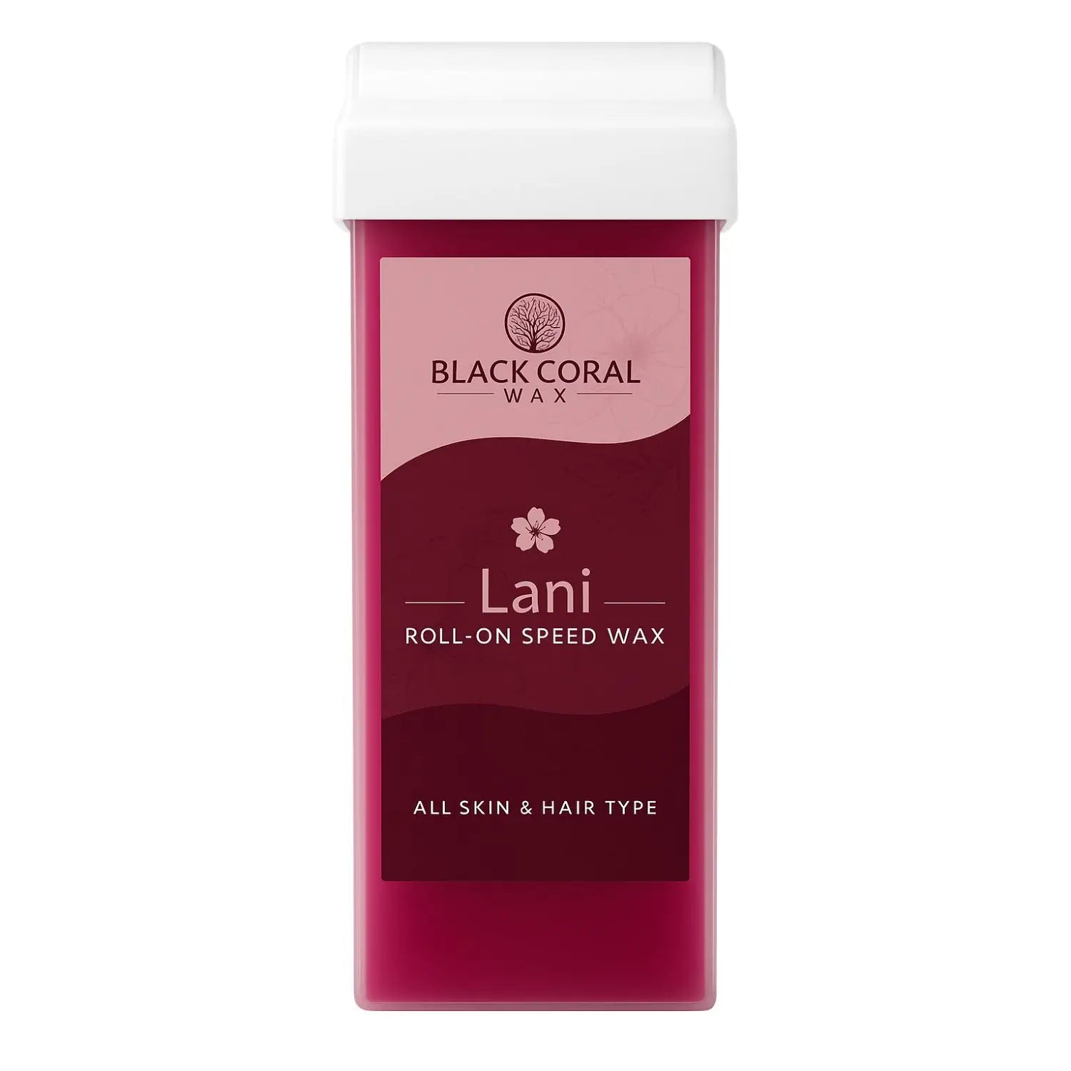 A container of Lani Roll-On SpeedWax by Black Coral Wax USA, suitable for all skin and hair types, with a red label featuring a floral design and a white cap.