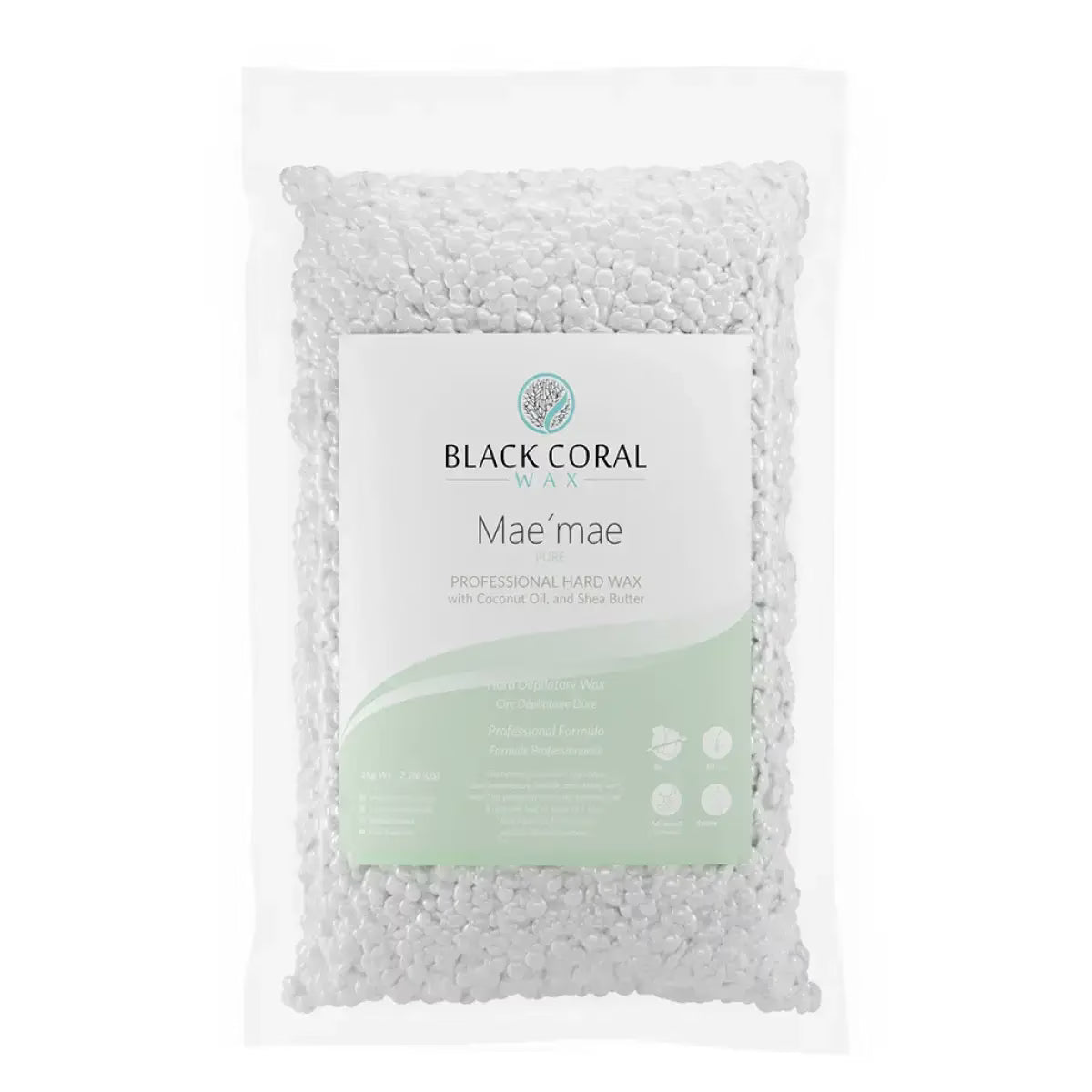 A clear plastic bag filled with white wax beads from Black Coral Wax USA, labeled Mae Mae Waxing Kit – 5 Bags of Hard Wax + Cosmetics (Cleanser & Pre/Post Oil), promises hypoallergenic waxing for flawless results. Packaging shows details and branding.