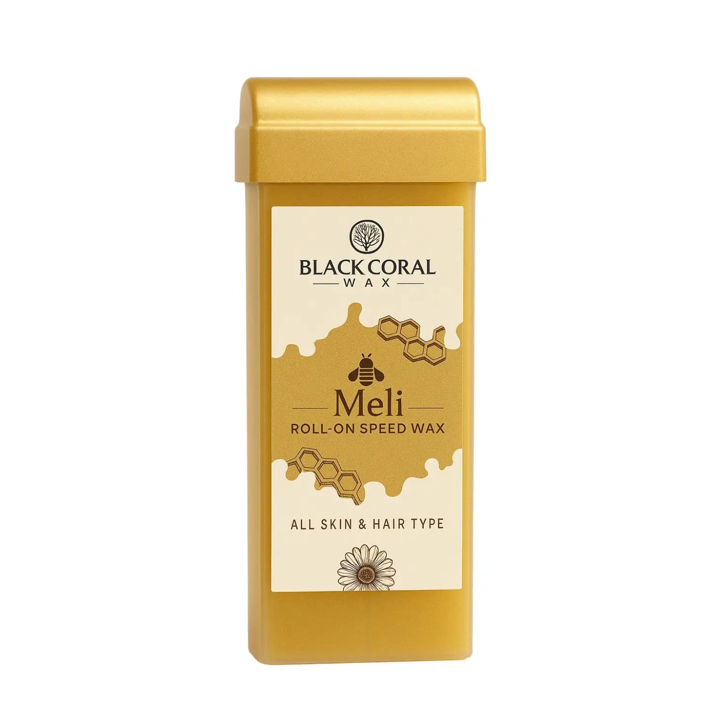 A yellow container labeled Meli Roll-On SpeedWax from Black Coral Wax USA.