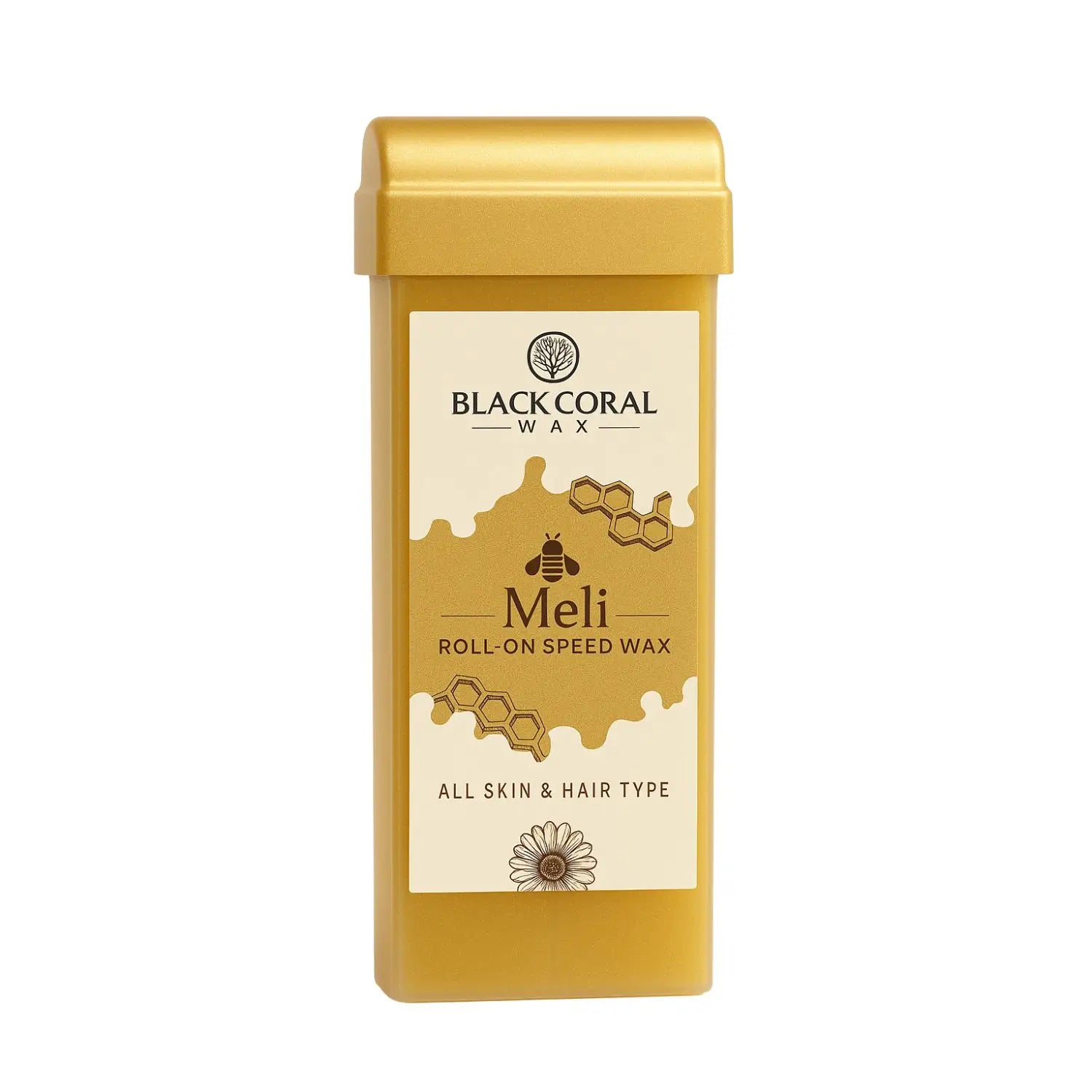 A yellow container labeled Meli Roll-On SpeedWax from Black Coral Wax USA.