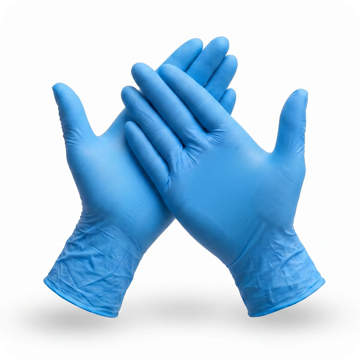 Two hands wearing Black Coral Wax USA Nitrile Gloves 100pcs - Powder-Free & Latex-Free Disposable Gloves are crossed at the wrists against a plain white background.