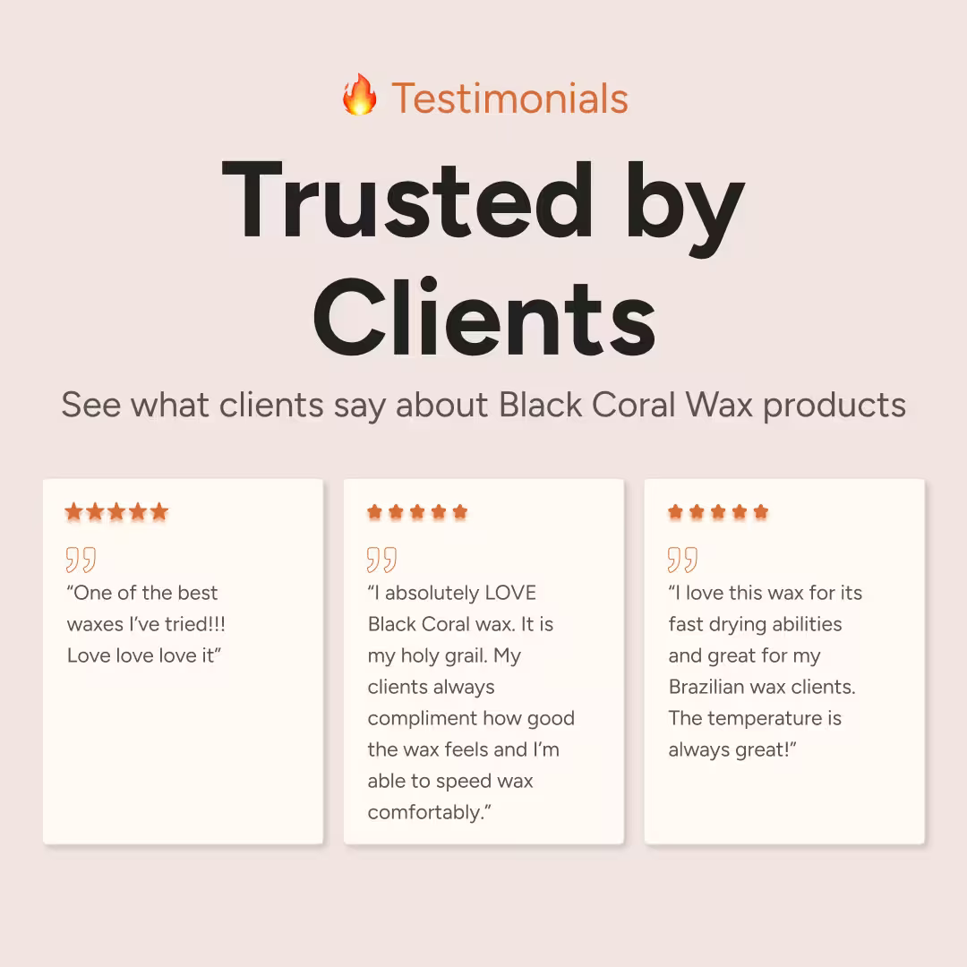 A graphic titled Trusted by Clients shows three five-star testimonials for Black Coral Wax USA's Pele Hard Wax Beads, highlighting quality, fast drying, ease of use on coarse hair, and consistent results; the background is light beige with orange accents.
