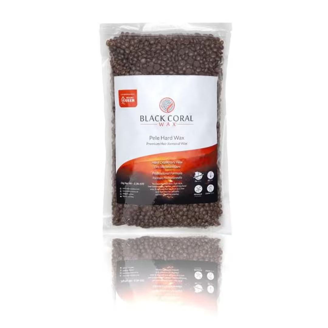 A clear plastic bag of Pele Hard Wax Beads by Black Coral Wax USA, filled with small dark brown beads for hair removal—ideal for coarse hair. The white and orange label displays product details and icons.
