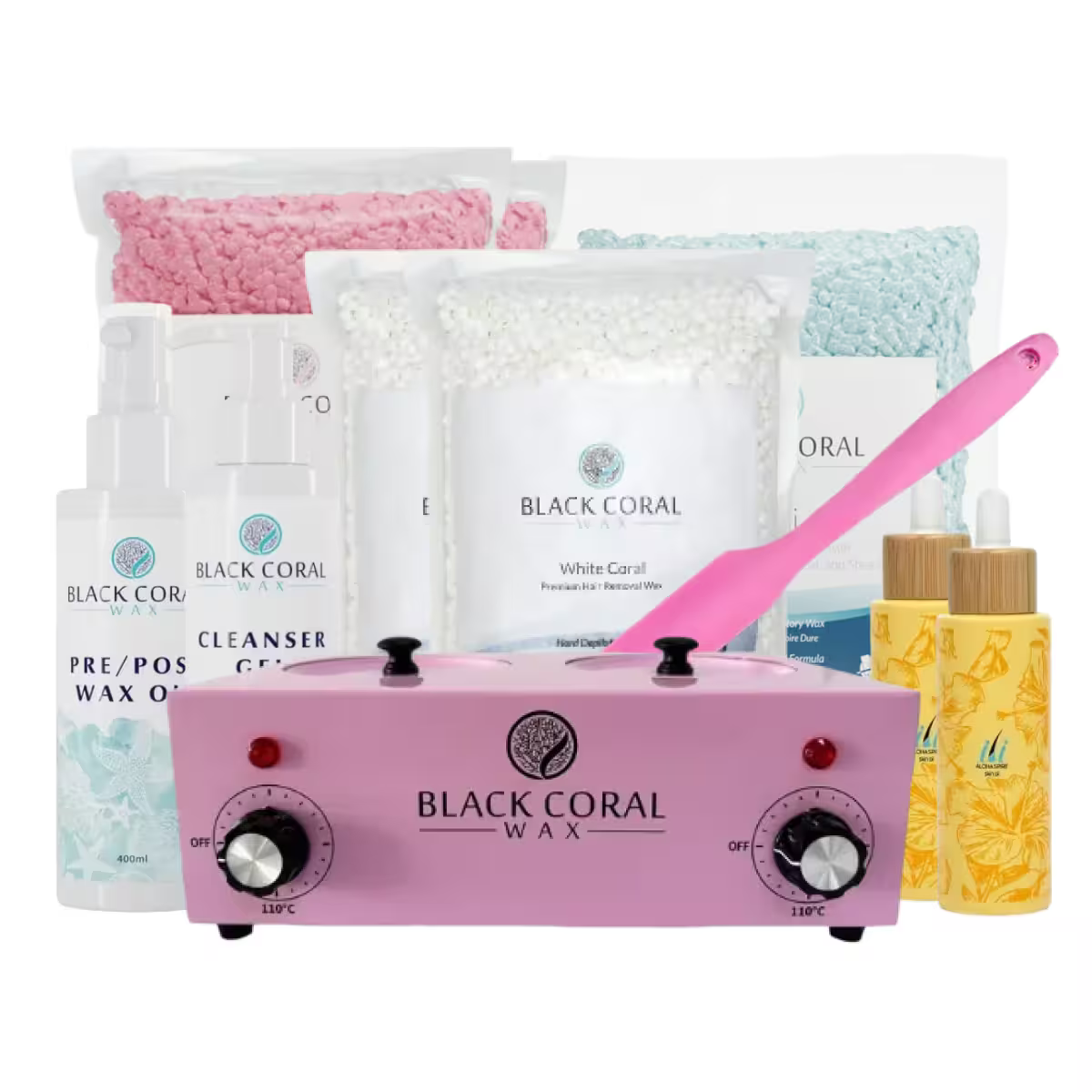 The Black Coral Wax USA Salon Premium Kit includes a pink wax warmer, cleanser, pre/post wax oil, two yellow bottles, white/pink/blue wax beads, and a pink spatula—ideal for any professional salon waxing setup.