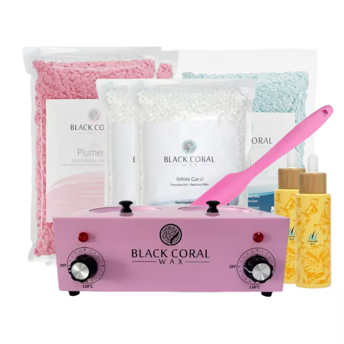 The Black Coral Wax USA Salon Premium Kit features a pink double wax warmer with temperature dials, colored wax beads, a matching spatula, and two floral yellow bottles for salon-quality waxing results.