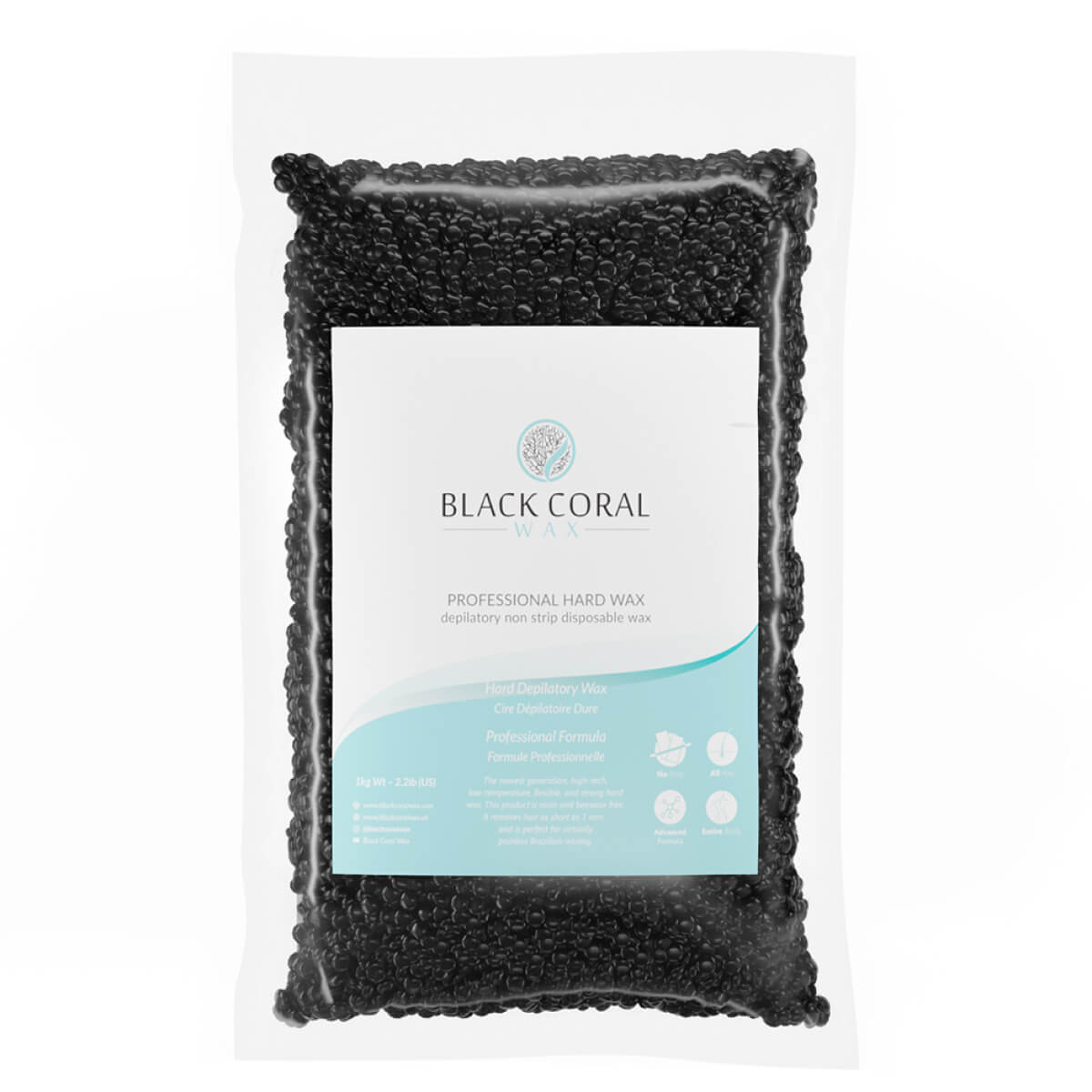 A clear bag of Black Coral Wax USA Hard Wax Beads, labeled "Black Coral Waxing Kit – 5 Bags of Hard Wax + Cosmetics," ideal for sensitive skin and perfect for enhancing any waxing kit with cleanser and pre/post oil included.