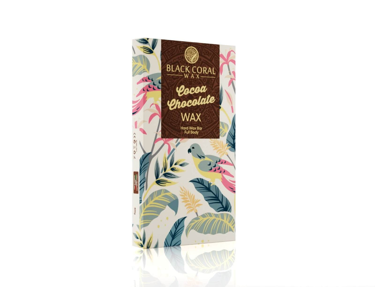 A 400g box of Black Coral Wax USA Chocolate Hard Wax for hair removal, featuring a tropical leaf and bird design in brown, pink, yellow, and green on a white background.
