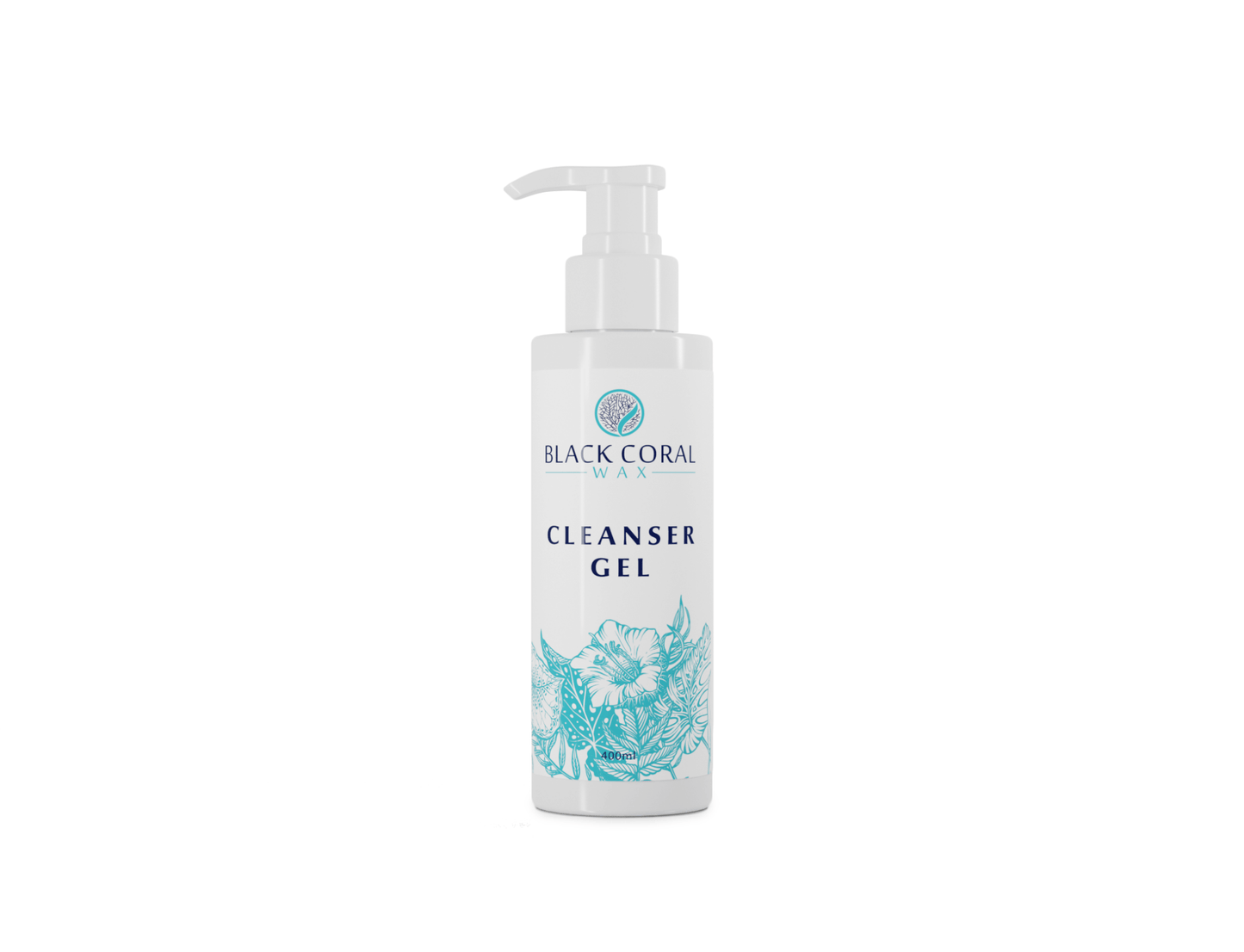 A white pump bottle labeled Black Coral Wax USA Cleanser Gel with a turquoise floral design, set on a white background—ideal for use with the Mae Mae Waxing Kit (5 Bags of Hard Wax + Cosmetics) for flawless waxing results.