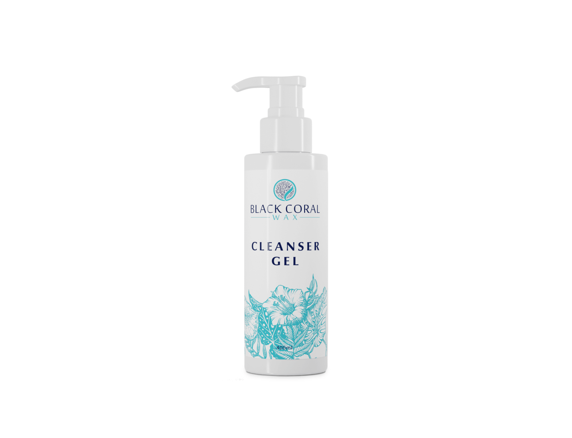 A white pump bottle labeled Black Coral Wax USA Cleanser Gel with a turquoise floral design, set on a white background—ideal for use with the Mae Mae Waxing Kit (5 Bags of Hard Wax + Cosmetics) for flawless waxing results.