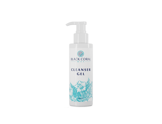 A white pump bottle labeled Black Coral Wax USA Cleanser Gel with a turquoise floral design, set on a white background—ideal for use with the Mae Mae Waxing Kit (5 Bags of Hard Wax + Cosmetics) for flawless waxing results.