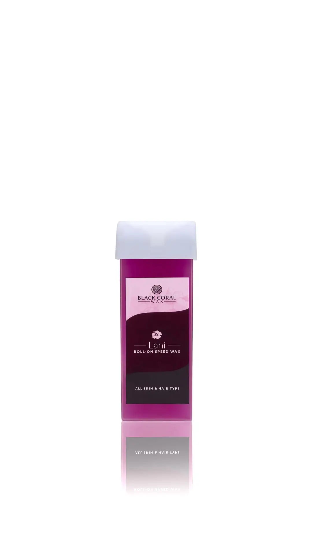 A pink and purple Black Coral Wax USA Lani Roll-On SpeedWax cartridge with a white cap stands upright against a white background, labeled for all skin and hair types.