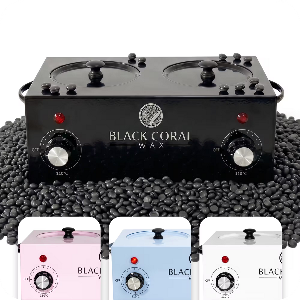 Black Coral Wax dual chamber double wax warmer in black – professional wax machine and wax pot available in pink, light blue and white