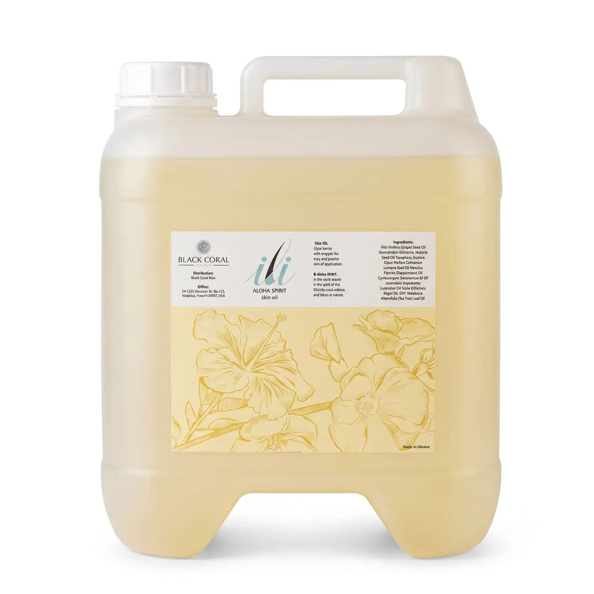 A translucent plastic jug with a handle contains a yellow liquid labeled “ili Oil 60ml Ingrown Oil” by Black Coral Wax USA. Perfect for use as an ingrown skin oil or post-waxing oil, it moisturizes the skin for a smooth, nourished feel. The label displays floral line art along with product details.