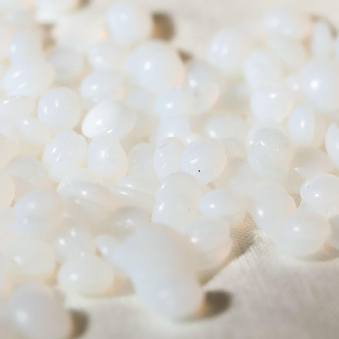 Close-up of small, round, translucent white pellets from the Mae Mae Waxing Kit by Black Coral Wax USA—includes 5 bags of hard wax plus cleanser and pre/post waxing oil for smooth, flawless results.