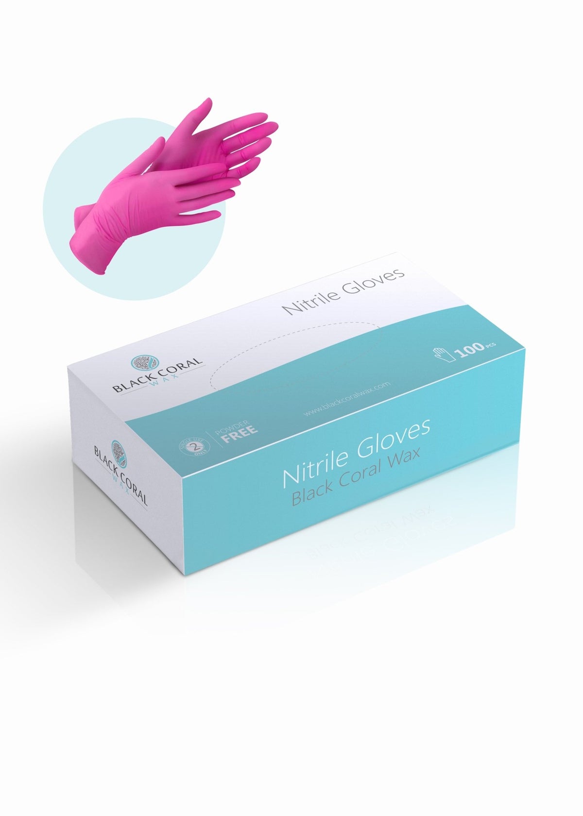 A box of Black Coral Wax USA Nitrile Gloves 100pcs, powder-free. Above the box, an inset shows hands wearing bright pink nitrile gloves—perfect for salon professionals.