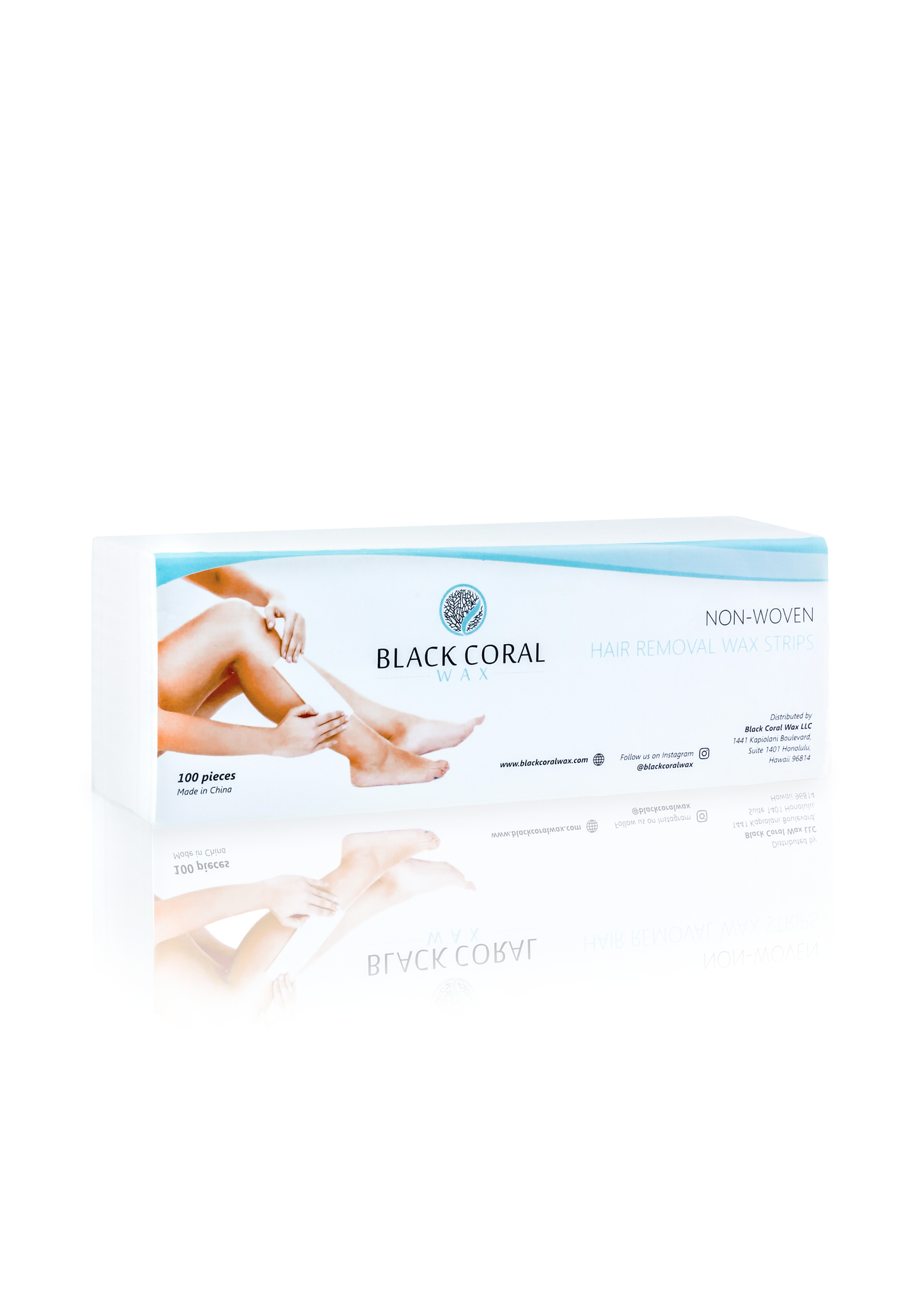 A box of Black Coral Wax USA Wax Strips (Non-Woven) is illustrated with someone applying the extra thick strips on their legs, containing 100 pieces to ensure a smooth, effective experience.