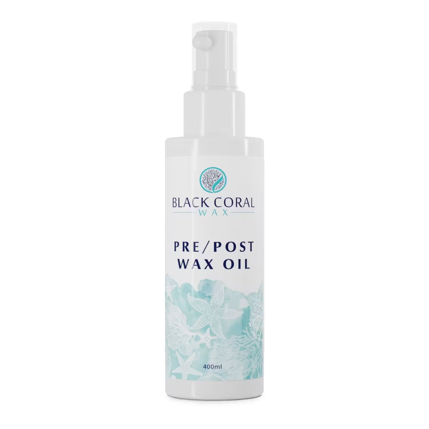 Black Coral Wax USA Post-Wax Oil 400ml comes in a white pump bottle with blue coral graphics and text—perfect for skin care as both a pre- and post-wax oil.