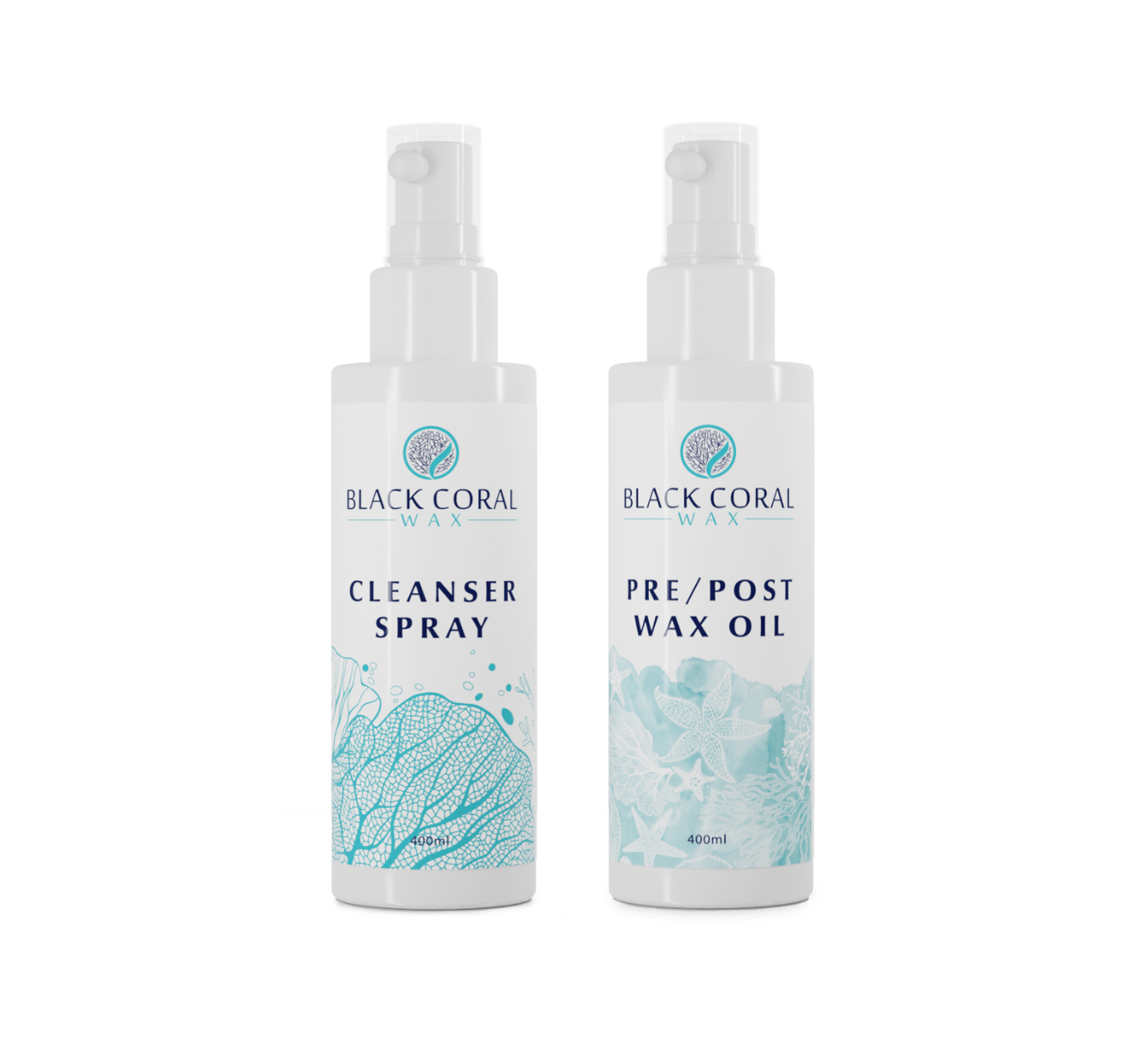 Two white bottles from Black Coral Wax USA’s Mae Mae Waxing Kit: Cleanser Spray (blue coral design) and Pre/Post Wax Oil, ideal for smooth waxing results with 5 bags of hypoallergenic hard wax.