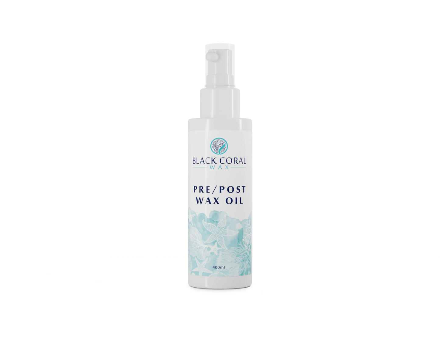 A white bottle with a light blue floral design and pump from Black Coral Wax USA’s Mae Mae Waxing Kit (includes 5 hard wax bags, cleanser, & pre/post oil) stands upright on a plain background—ideal for flawless waxing.