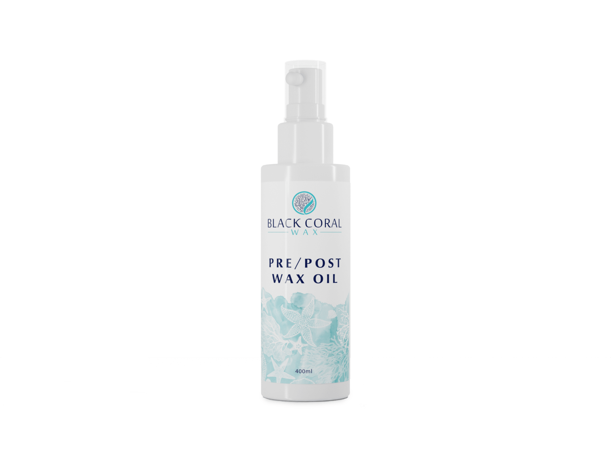 A white bottle with a light blue floral design and pump from Black Coral Wax USA’s Mae Mae Waxing Kit (includes 5 hard wax bags, cleanser, & pre/post oil) stands upright on a plain background—ideal for flawless waxing.
