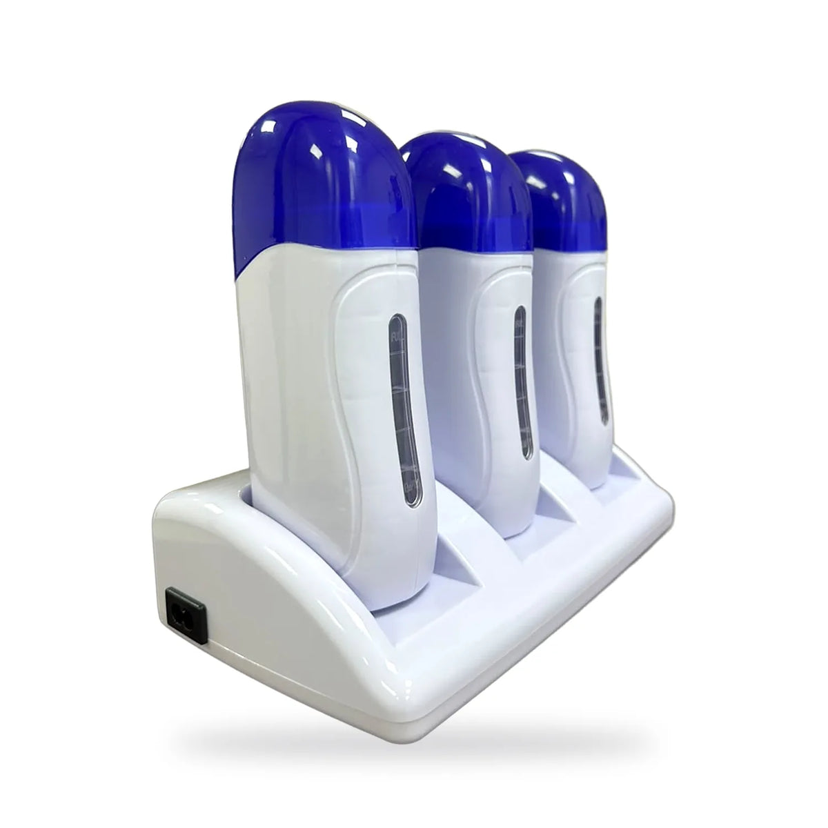 Black Coral Wax USA Triple Roll-On Wax Warmer station with three handheld units featuring blue caps and white bodies, designed as a professional waxing station.