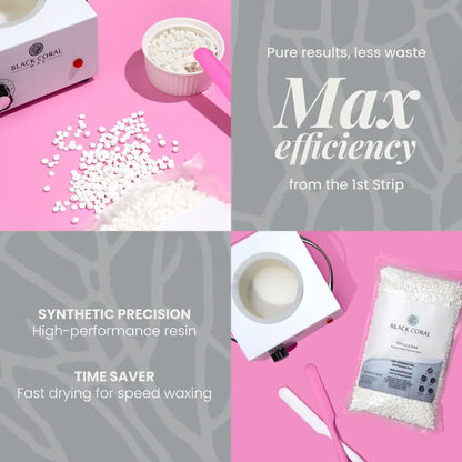 A collage features Black Coral Wax USA's White Coral Wax: white beads near a warmer and spatula on a pink backdrop with branded packaging. Highlighted text notes maximum efficiency, precise hair removal, and gentle care for sensitive skin.