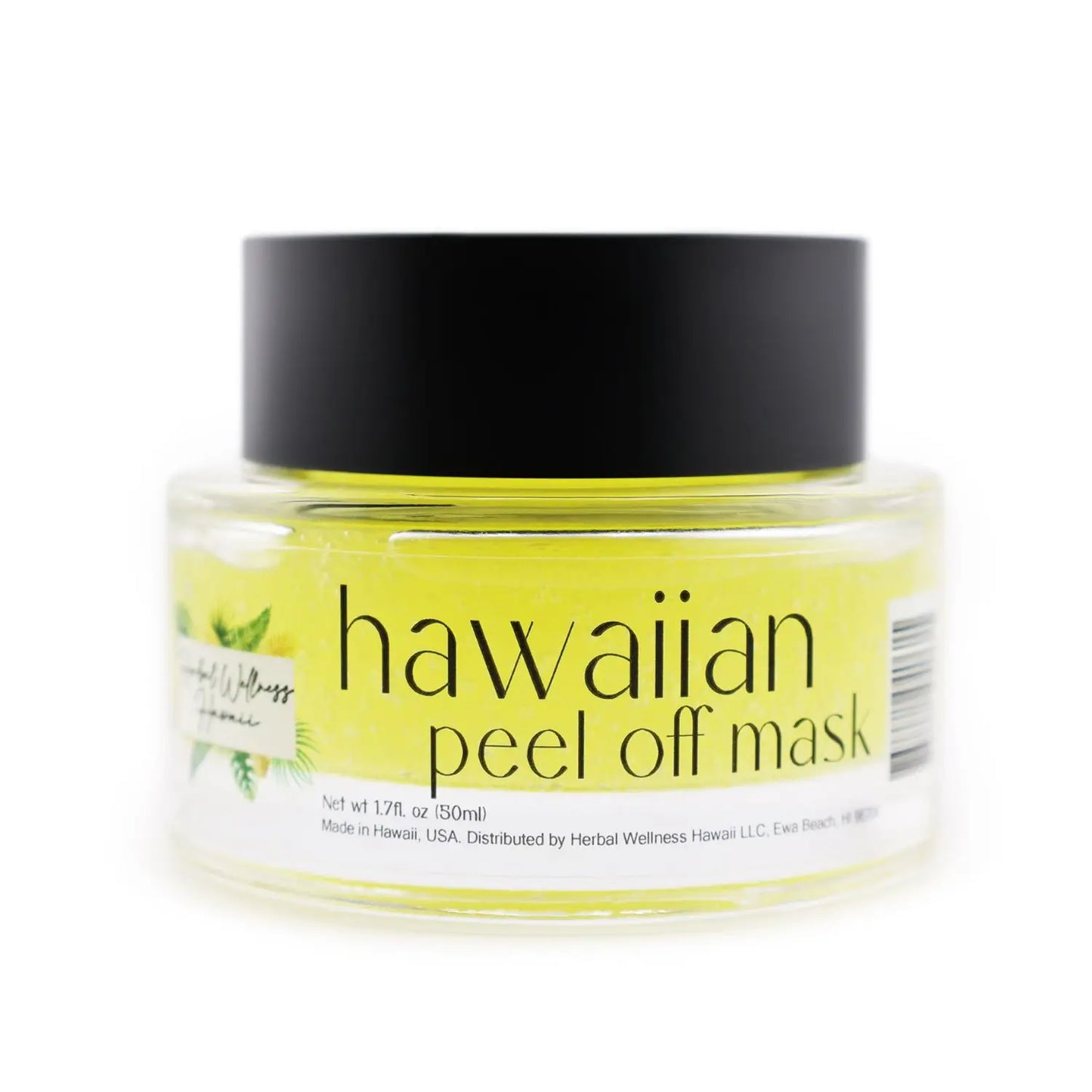 A clear jar contains Black Coral Wax USAs Hawaiian peel-off mask with a black lid and a bright yellow, pH-balanced gel. The label has text and a small leafy design. Made in Hawaii, it holds 1.7 fl oz (50 ml) of revitalizing goodness.