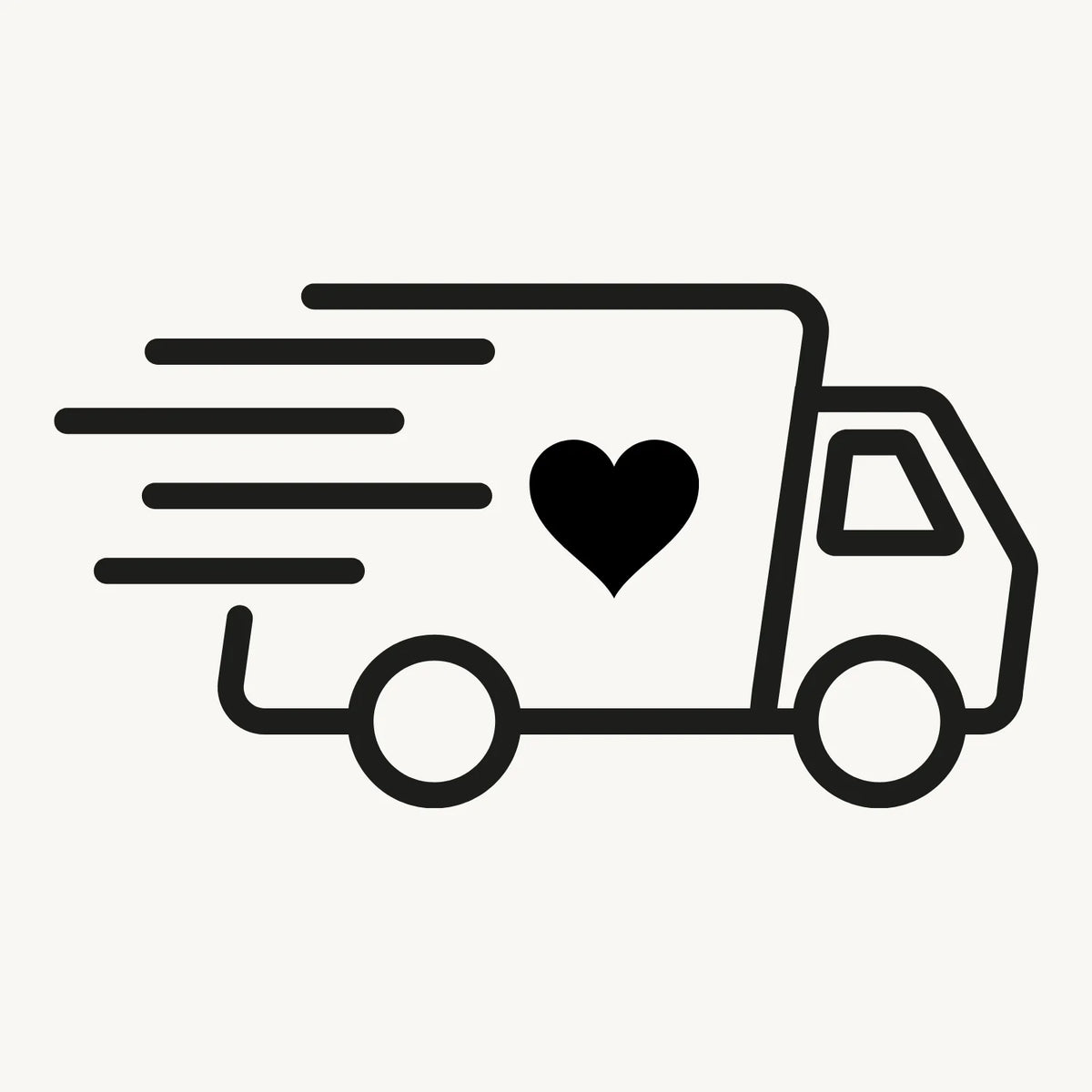 A simple line drawing of a delivery truck with motion lines and a black heart on its side, symbolizing the Rush My Order service from Black Coral Wax USA and suggesting fast or caring delivery.