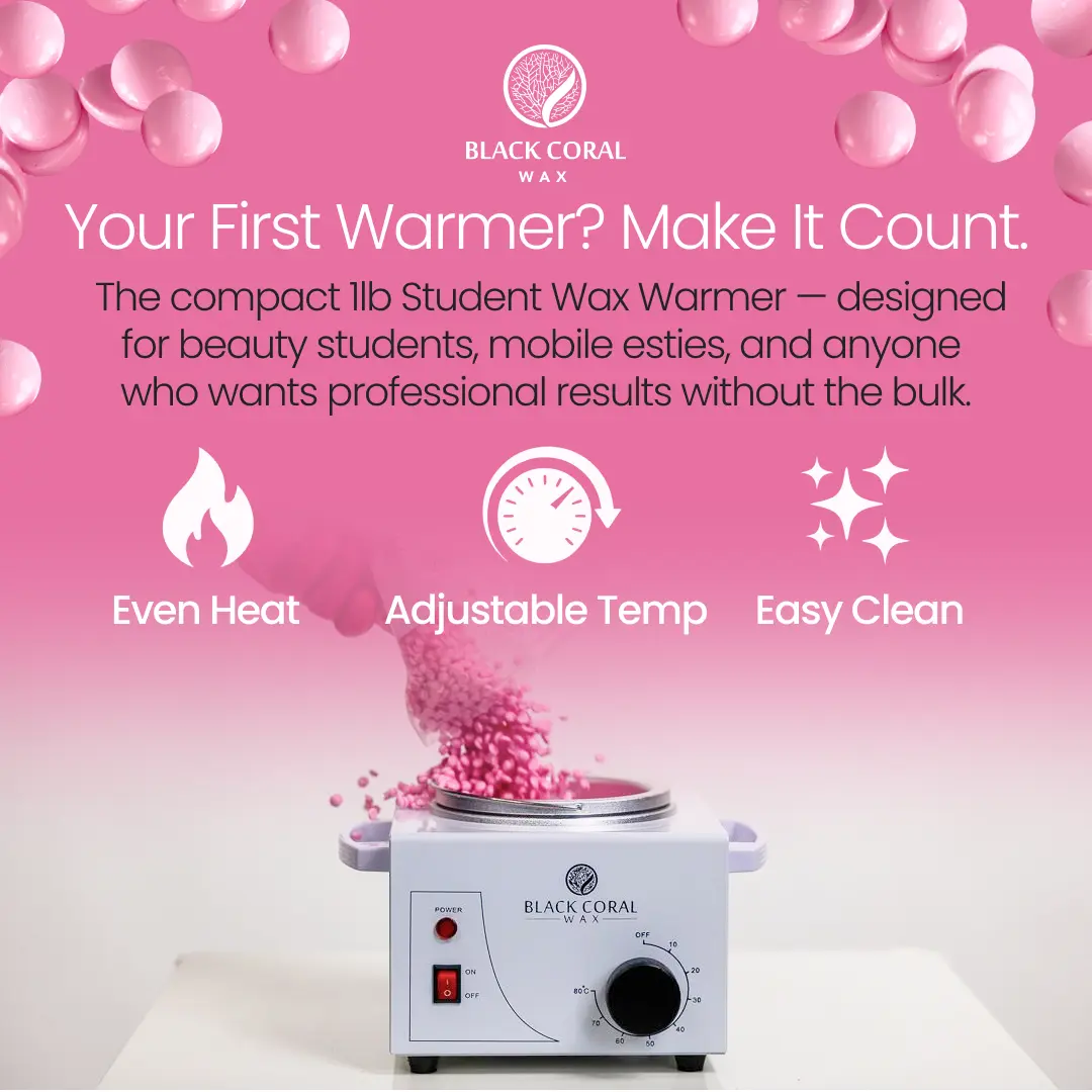 A Small Wax Warmer by Black Coral Wax USA sits on a table with pink wax beads above. Text highlights at-home waxing, even heat, adjustable temperature control, and easy cleaning. Pink background with the Black Coral Wax USA logo above.