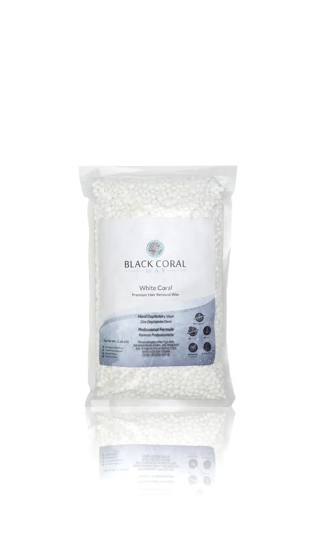 A clear plastic bag of White Coral Wax by Black Coral Wax USA, premium hard wax beads for sensitive skin, with a white and blue label, stands upright on a white background with a subtle reflection beneath.