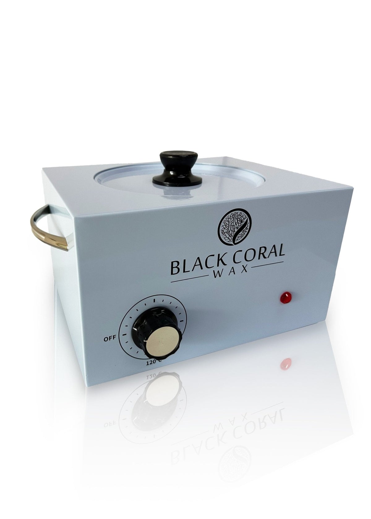 The Black Coral Wax USA 5lb Warmer + FREE Hard Wax is a white electric warmer with a black temperature dial, red indicator light, side handle, and glass lid with black knob.