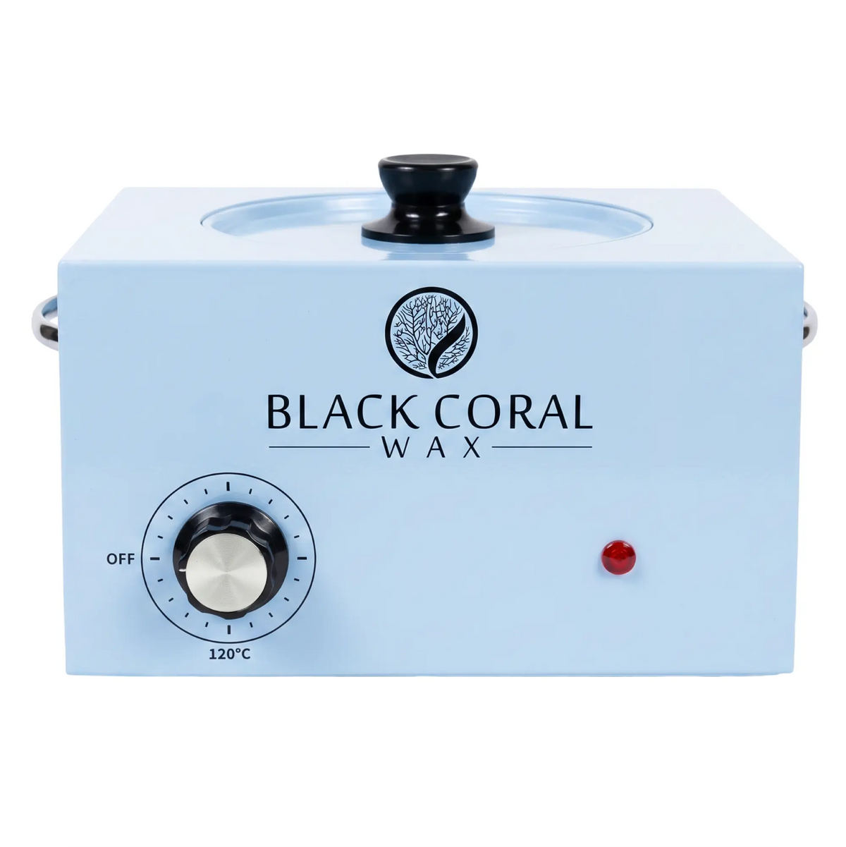 The Black Coral Wax USA 5lb Wax Warmer features a white body, lid, temperature control dial, red indicator light, and the brand logo on the front—a salon professional heater with a large-capacity pot for efficient waxing.