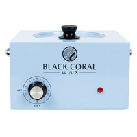 The Black Coral Wax USA 5lb Wax Warmer features a white body, lid, temperature control dial, red indicator light, and the brand logo on the front—a salon professional heater with a large-capacity pot for efficient waxing.