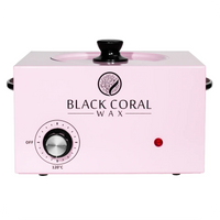 The Black Coral Wax USA 5lb Wax Warmer in pink includes a black temperature control knob, indicator light, and round black-handled lid—perfect for any salon professional wax heater setup.