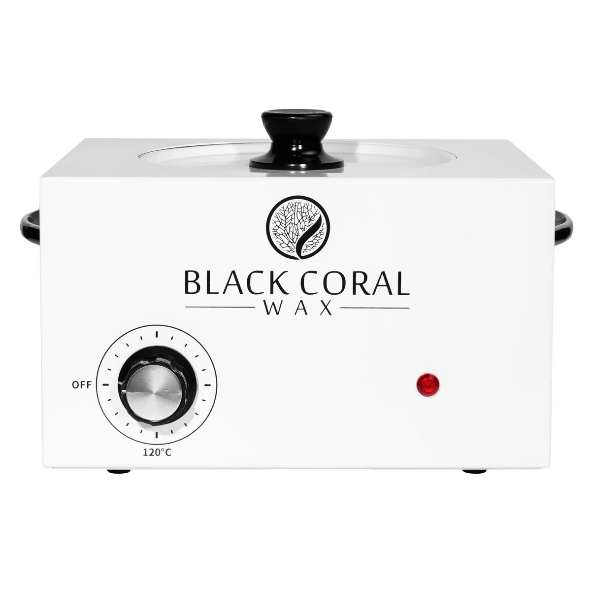 The Black Coral Wax USA 5lb Wax Warmer features a white salon design, black lid, large wax pot, round temperature dial, and red indicator light—ideal for professional use.