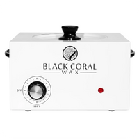 The Black Coral Wax USA 5lb Wax Warmer features a white salon design, black lid, large wax pot, round temperature dial, and red indicator light—ideal for professional use.