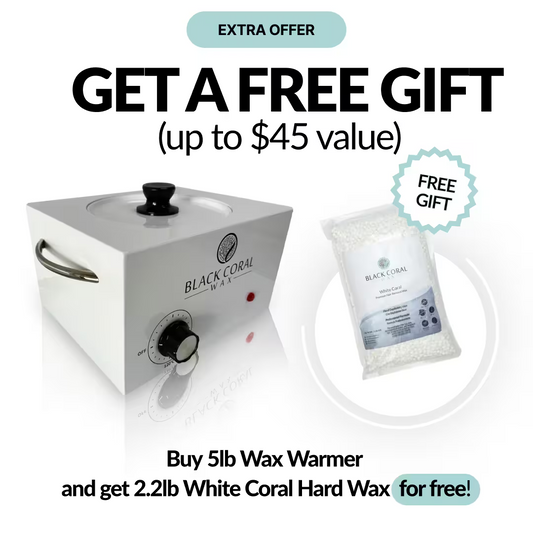 Black Coral Wax USA offers a 5lb Wax Warmer with a free bag of White Coral Hard Wax (up to $45 value). Image shows a white wax warmer and white hard wax beads.