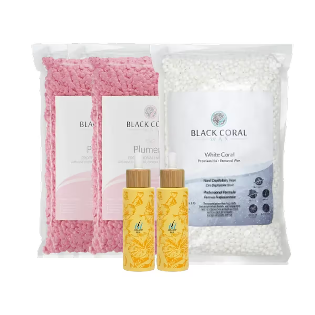 The BCW Brazilian Master Kit by Black Coral Wax USA includes two large bags of pink and white hard wax beads and two small yellow floral bottles—ideal for a smooth, professional Brazilian or intimate waxing experience.